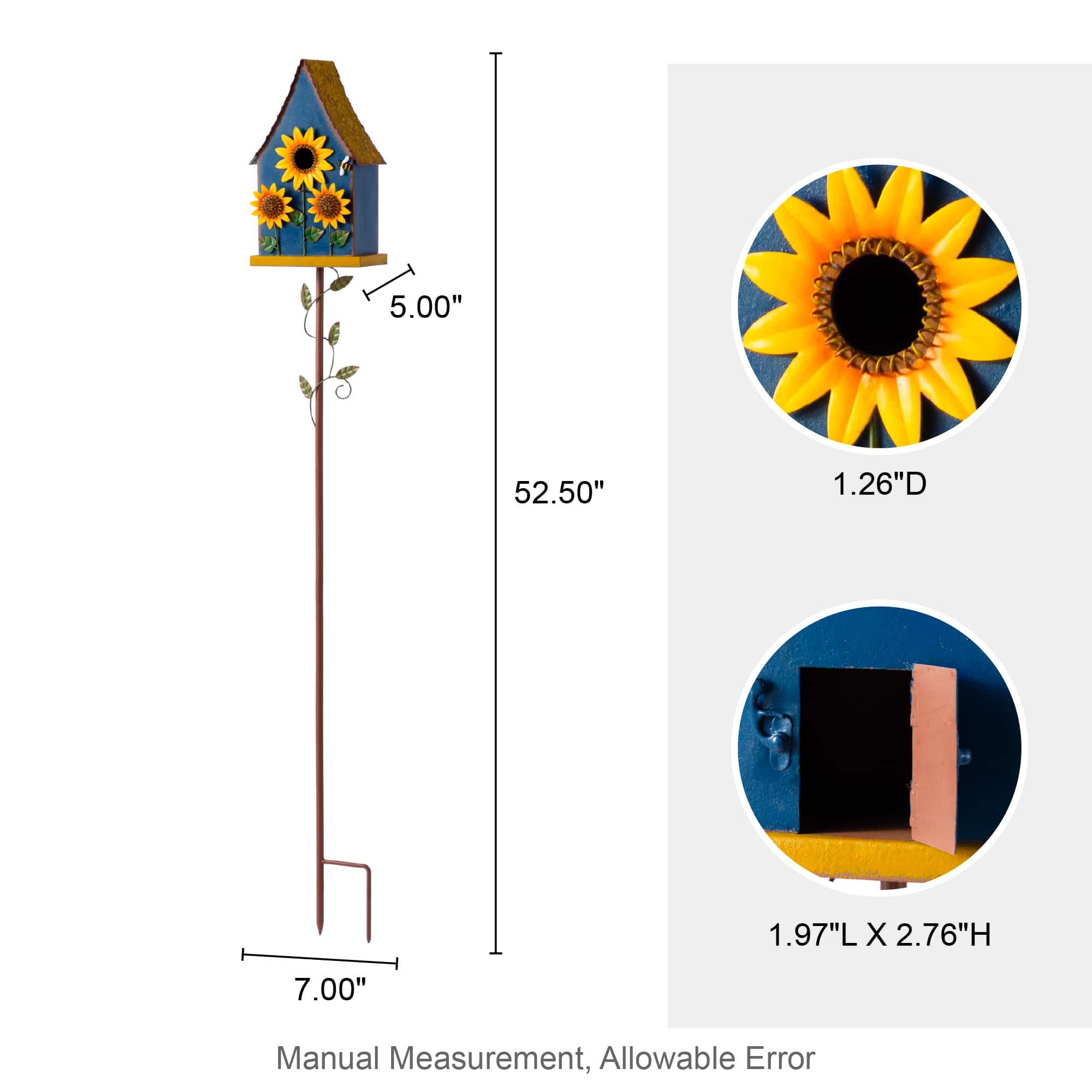 Glitzhome® 52.5" Blue Metal Sunflower Decorative Garden Birdhouse with Stake